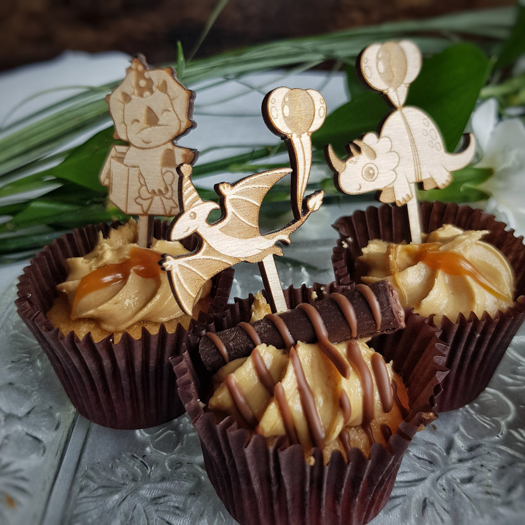 Dinosaurs Cupcake Toppers - Wooden Cake Decorations - Set of 6 or 12