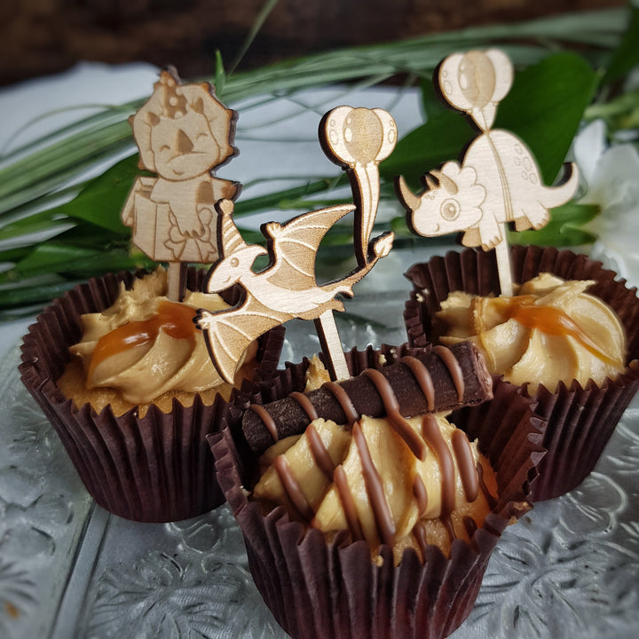 Dinosaurs Cupcake Toppers - Wooden Cake Decorations - Set of 6 or 12