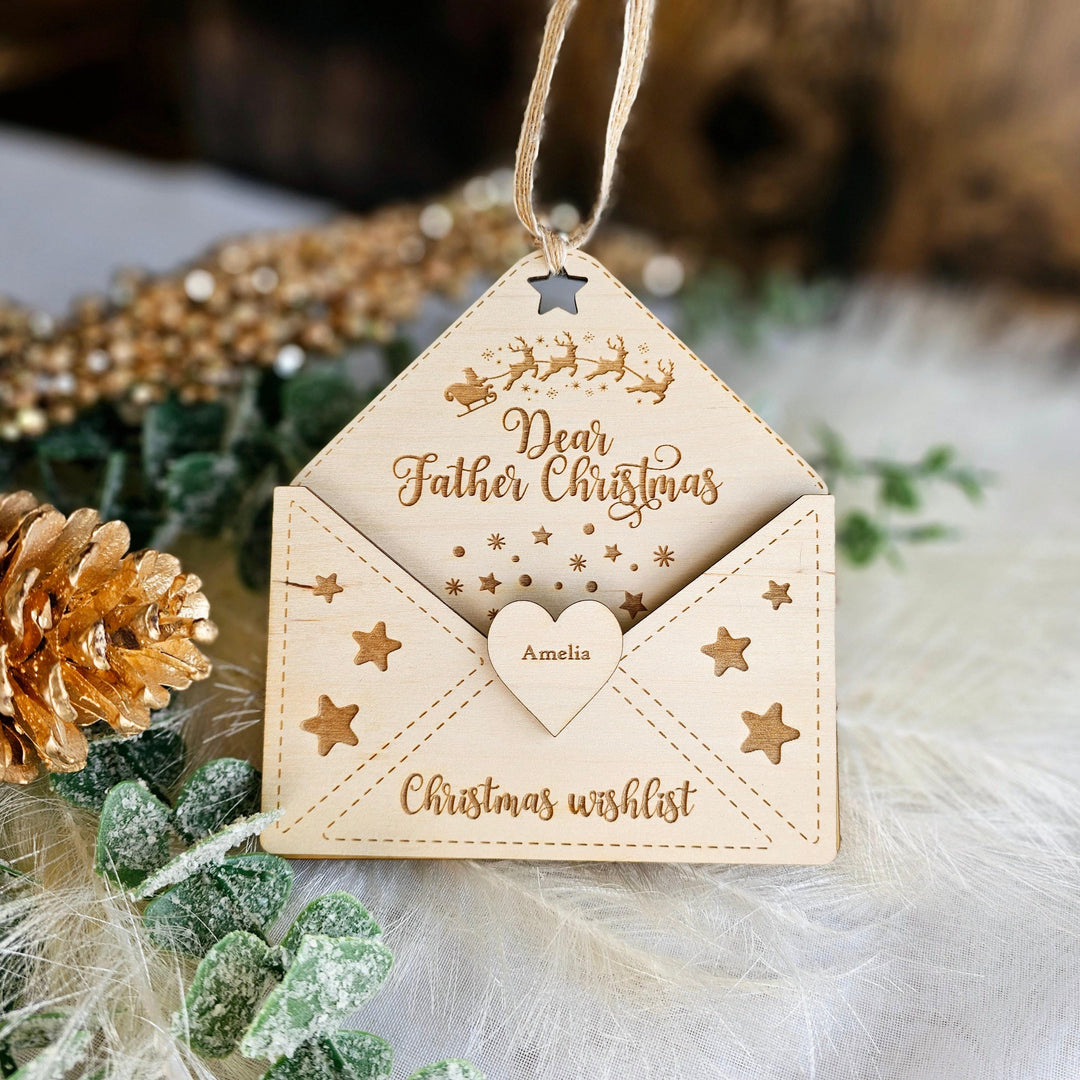 Personalised Wooden Santa Letter Holder - Rustic Christmas Wishlist Envelope