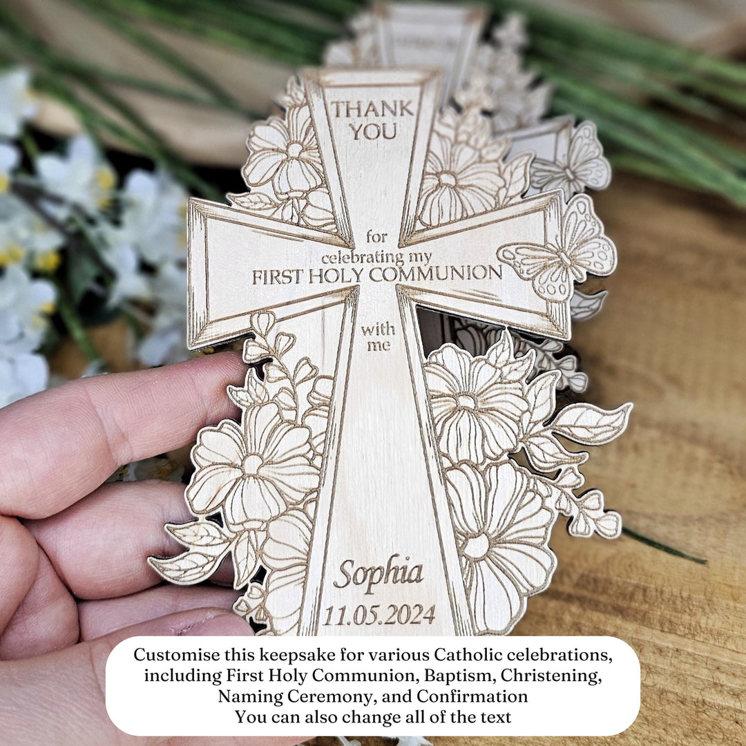 Personalised First Holy Communion Floral Cross Magnet - Thank You Wooden Gift - Baptism Christening Naming Ceremony Confirmation Favours