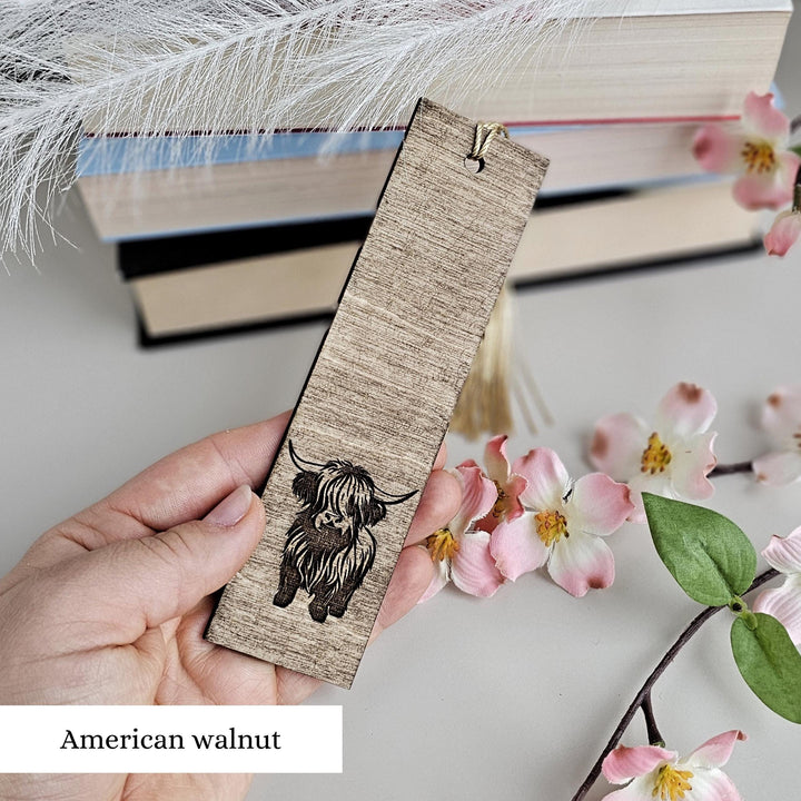 Personalised Wooden Bookmark - Custom Engraved Highland Cow Design Gift For Book Lovers
