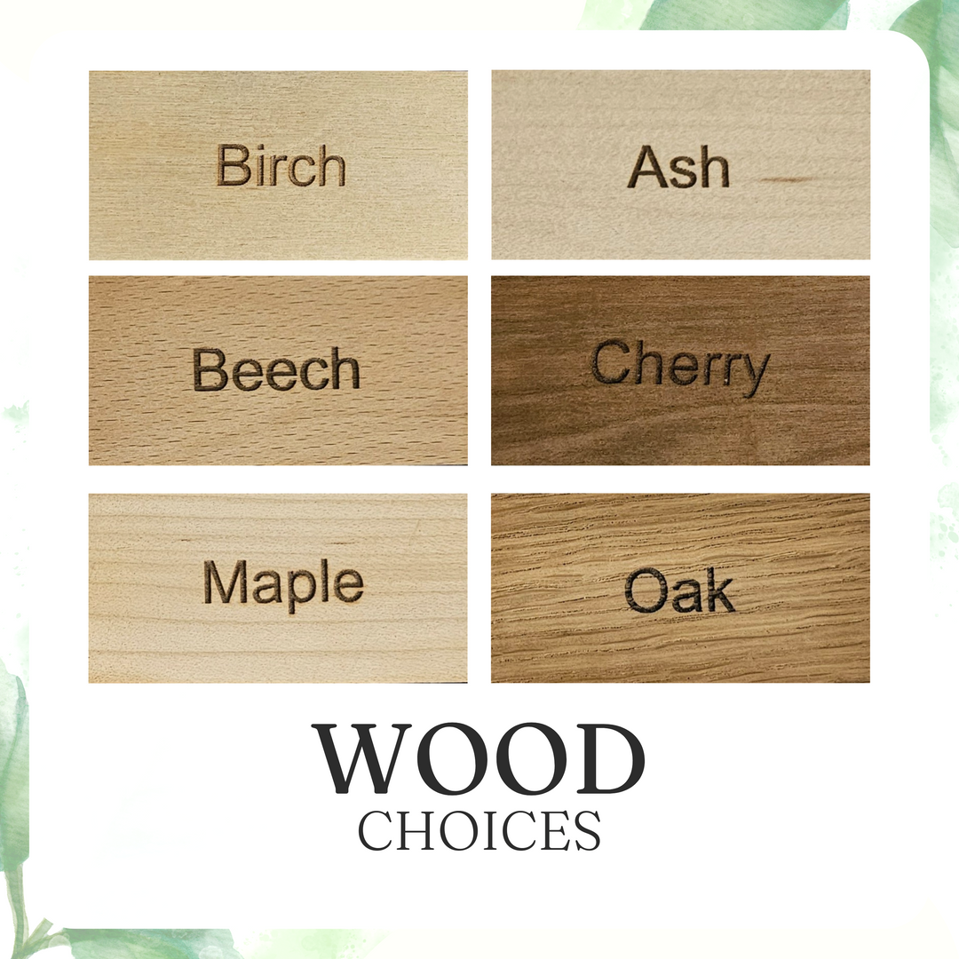 a collection of six different types of wood, each with a distinct color and texture, arranged in a grid format. The text "WOOD CHOICES" is displayed at the bottom of the image.