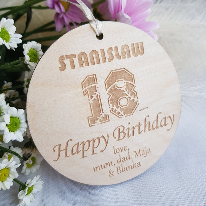 Baseball Birthday Gift Tag - Personalised Wooden Ornament - Rustic Keepsake
