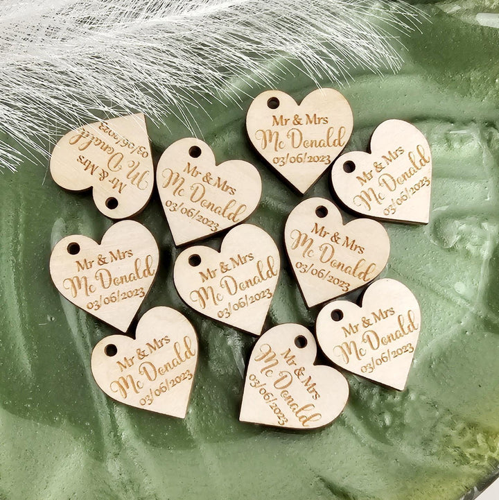 Wedding Heart Favours - Personalised Wooden Thank You Tokens,  Custom Engraved Rustic Gift Tags