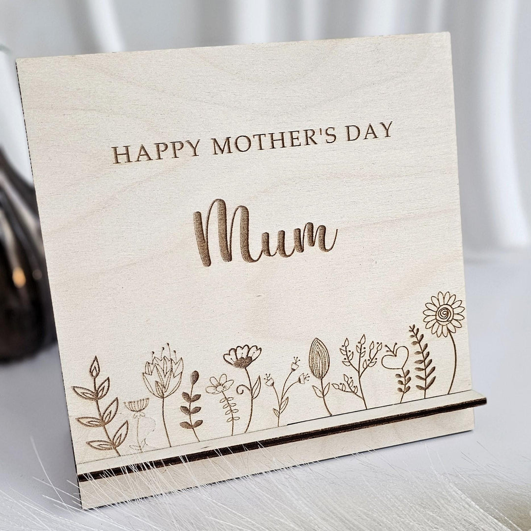 Mother's Day Wooden Card Floral Meadow, Personalised Standing Keepsake