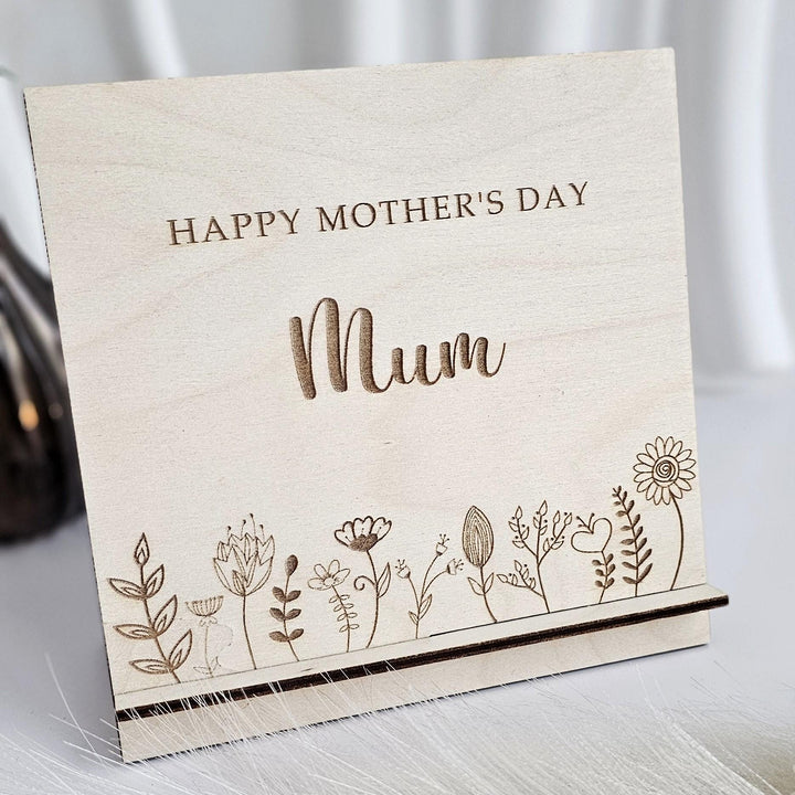 Mother's Day Wooden Card Floral Meadow, Personalised Standing Keepsake