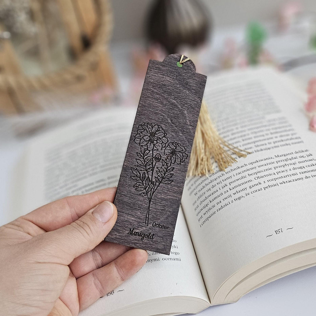 Birth Flower Bookmark October Marigold - Personalised Wooden Gift for Book Lovers