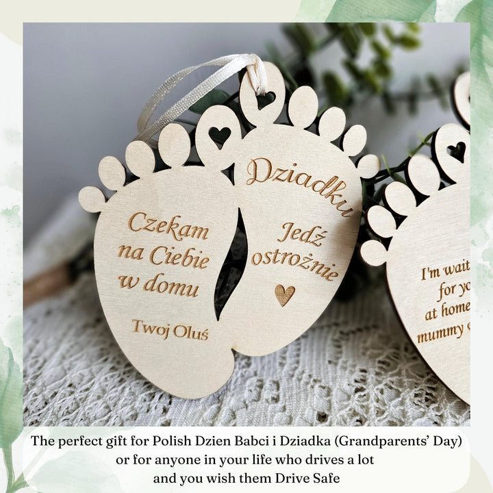 Personalised Drive Safe Wooden Pendant, Car Mirror Baby Feet Lucky Charm, Gift for Dzien Babci Dziadka, Grandfather Grandmother Mum Dad