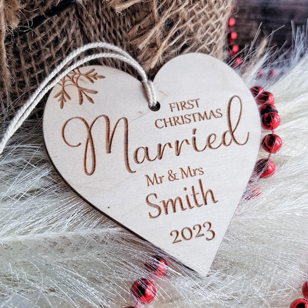 First Christmas Married Bauble - Rustic Wooden Ornament