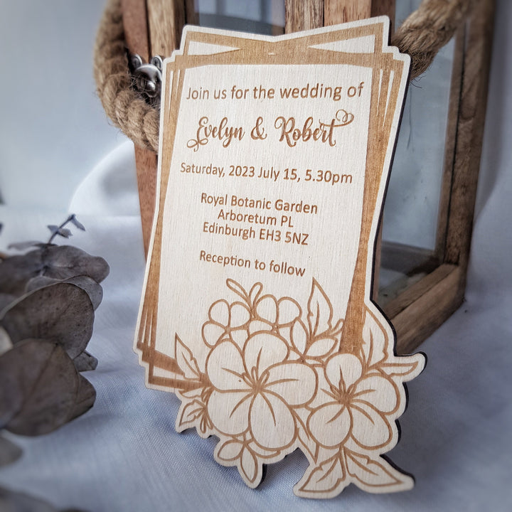 Personalised Rustic Wooden Wedding Invitation - Floral Frame - Birthday Anniversary Baptism Christening Confirmation Party Dinner Invite