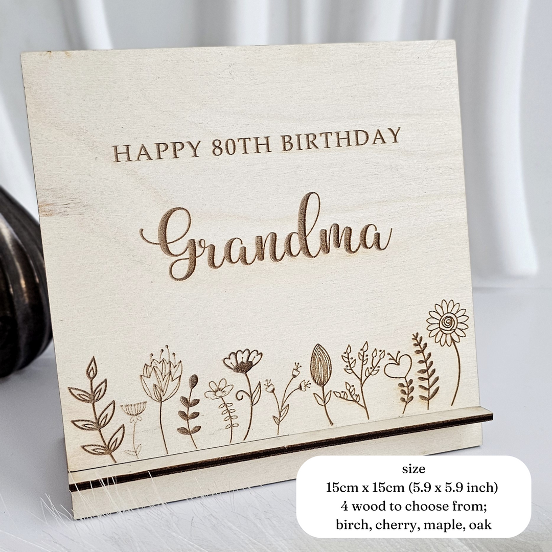 Birthday Wooden Card Floral Meadow, Personalised Standing Keepsake, Desk Decor Ornament