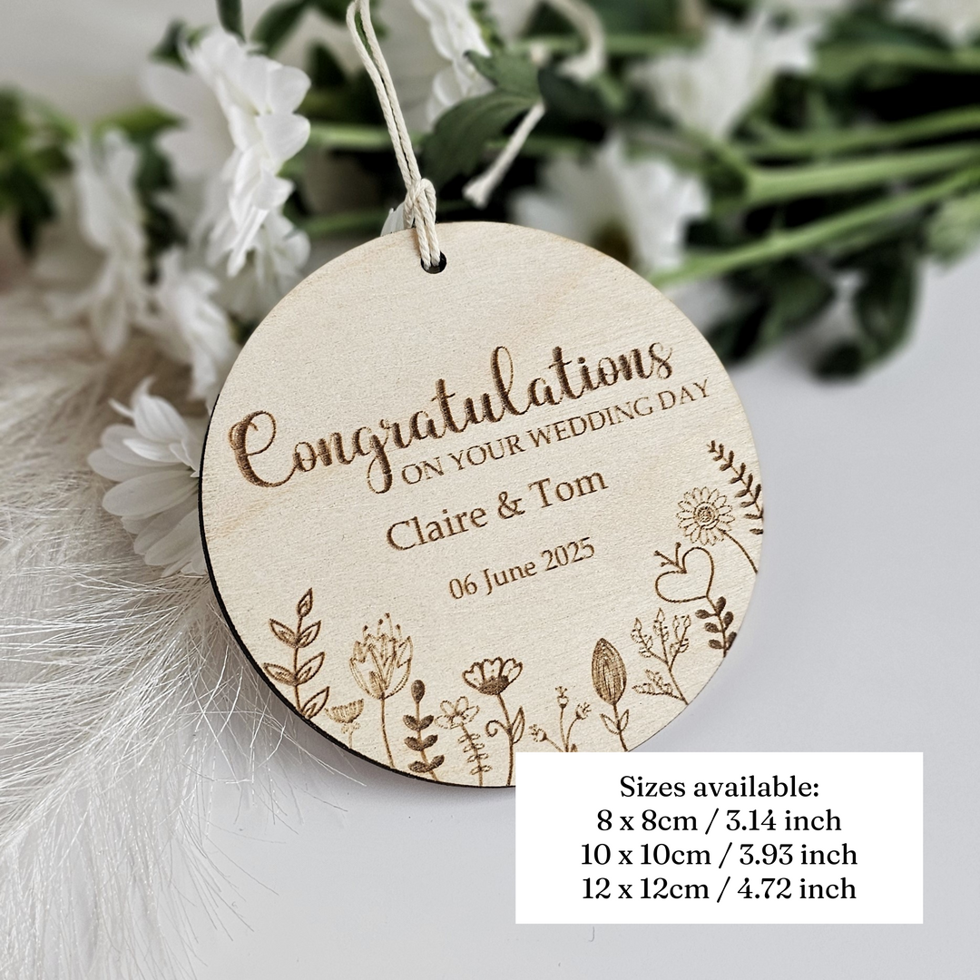 Wooden Wedding Ornament Floral Meadow, Personalised Keepsake, Hanging decoration