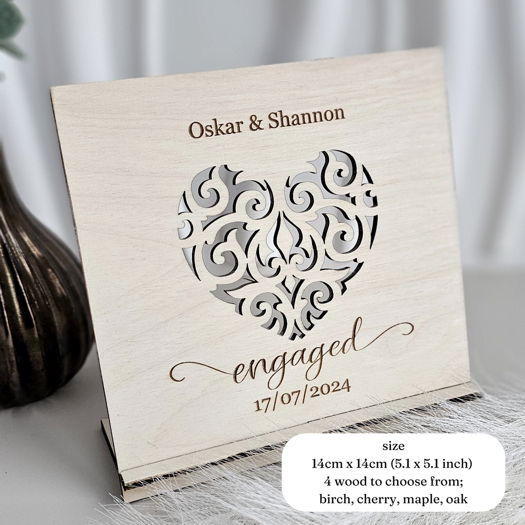 Personalised Engagement Heart Wooden Card - Freestanding Keepsake | Wedding, Anniversary, Valentine’s Day Gift