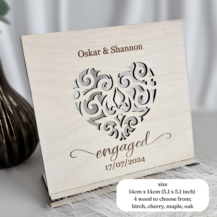 Personalised Engagement Heart Wooden Card - Freestanding Keepsake | Wedding, Anniversary, Valentine’s Day Gift