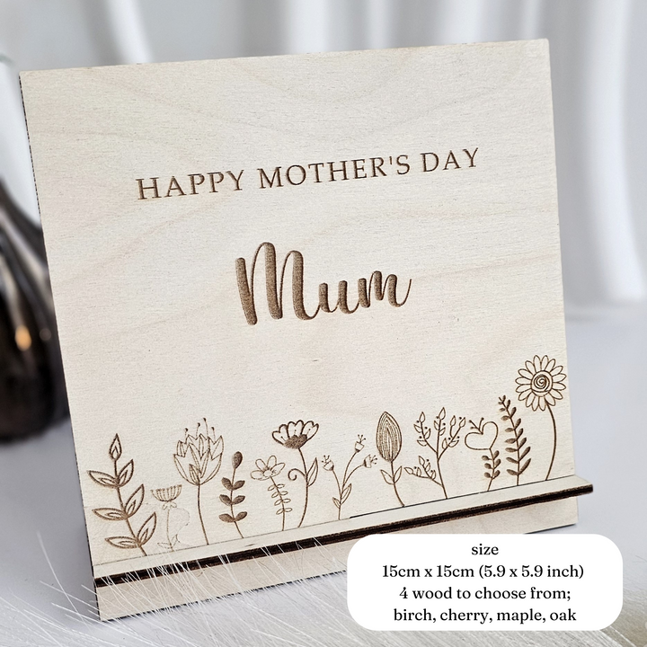 Mother's Day Wooden Card Floral Meadow, Personalised Standing Keepsake, Desk Decor Ornament