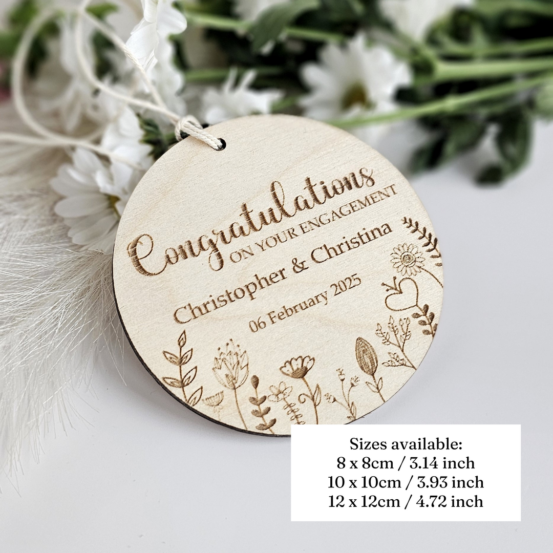 Wooden Engagement Ornament Floral Meadow, Personalised Keepsake, Hanging decoration