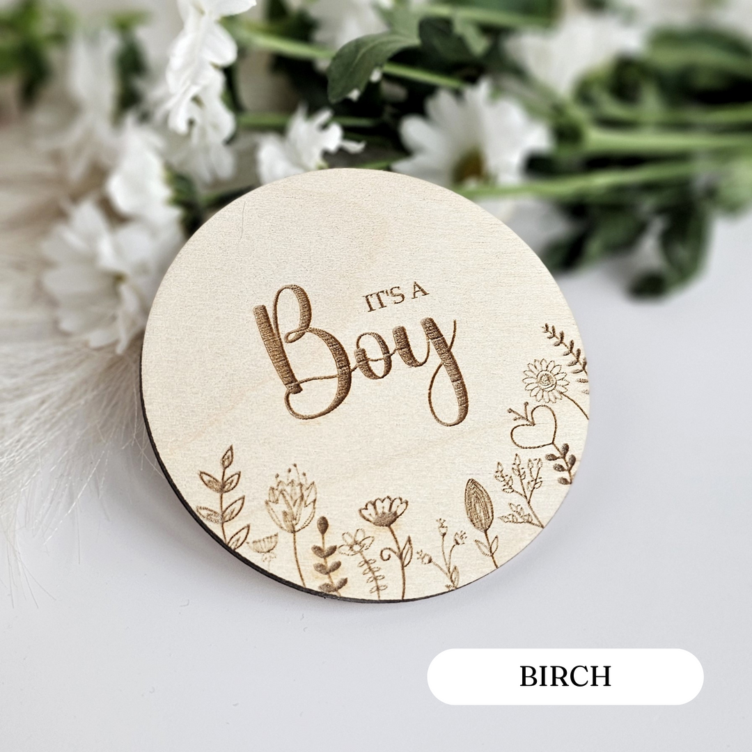 Wooden Baby Announcement It's a boy/girl - Floral Meadow - Milestone Card / Discs Photo Prop Plaque - Social Media Flat Lay Prop