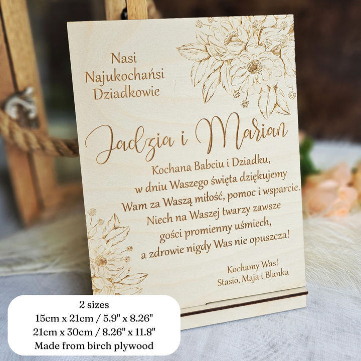 Rustic Wooden Polish Dzien Babci i Dziadka Sign Gift Keepsake with Personalised Wishes and Beautiful Flower Touch