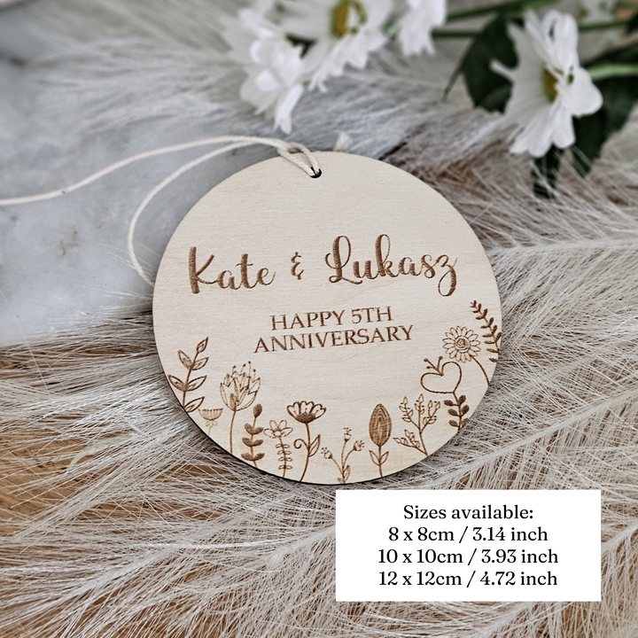 Wooden Anniversary Ornament Floral Meadow, Personalised Keepsake, Hanging decoration