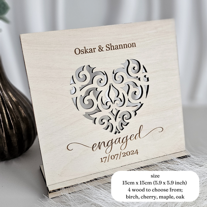 Engagement Heart Standing Card – Personalised Wooden Keepsake | Wedding, Anniversary, Valentine’s Day Gift