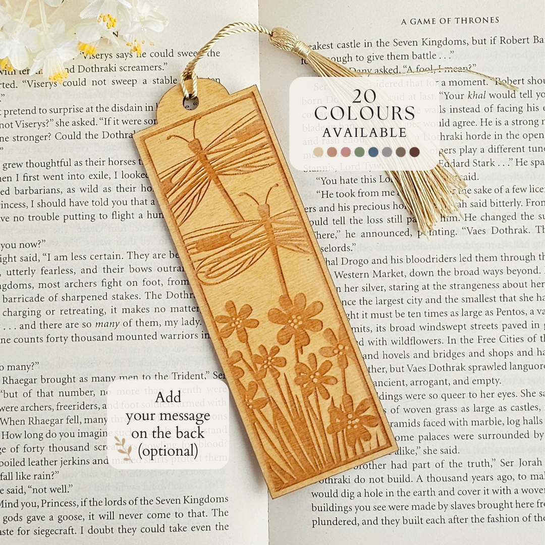Personalised Dragonfly Wooden Bookmark – Engraved Handmade Gift for Book Lovers