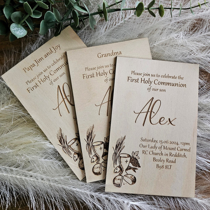 First Holy Communion Invitation - Rustic Personalised Wooden Chalice Invitation