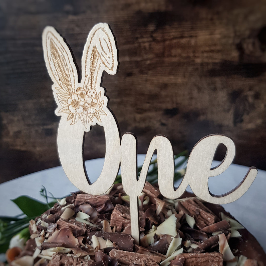 Easter Birthday Wooden Cake Topper, Floral Bunny Ears, Boho / Rustic cake decoration