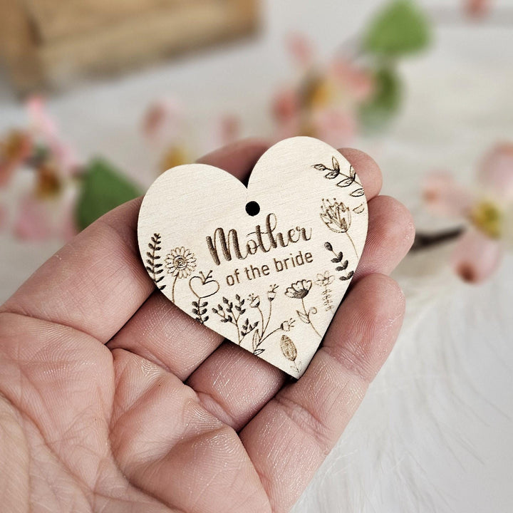 Wedding Place Name Favours, Personalised Engraved Rustic Heart Tags, Botanical Wooden Wedding Keepsakes