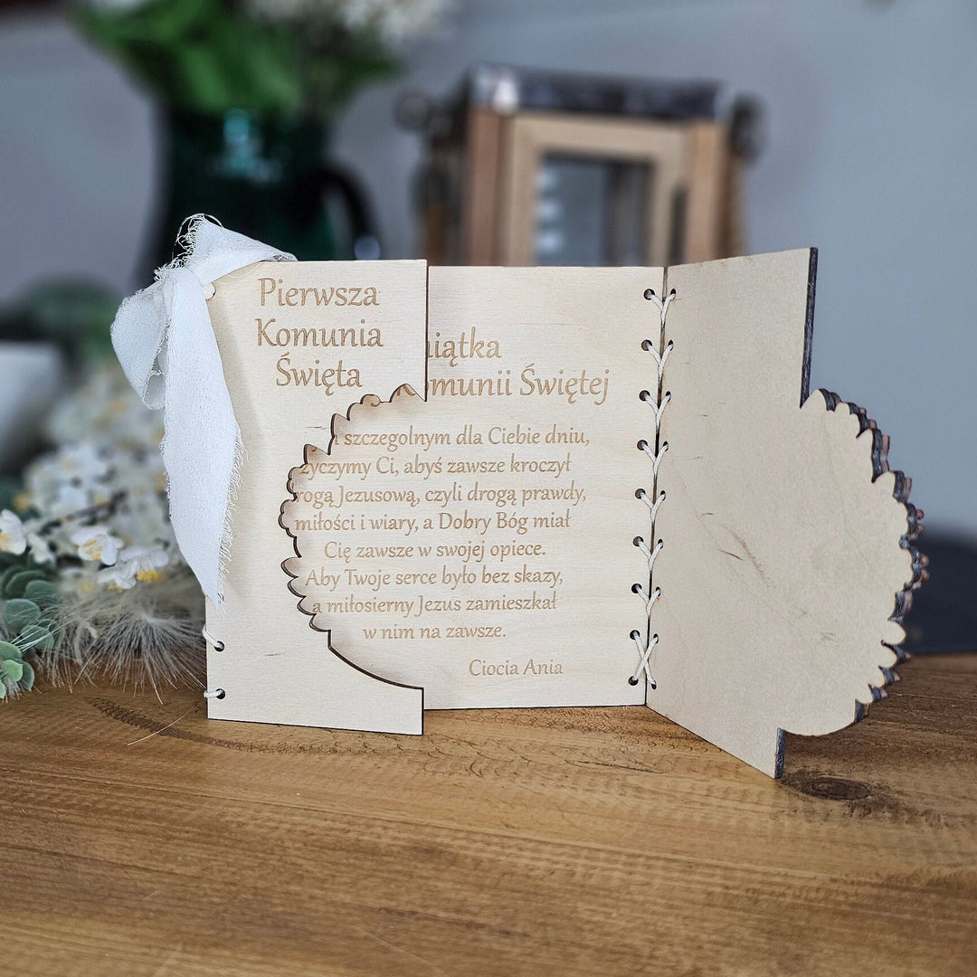 First Holy Communion Card Church Design, Personalised Rustic Wooden Keepsake, Custom message gift, Pierwsza Komunia Swieta