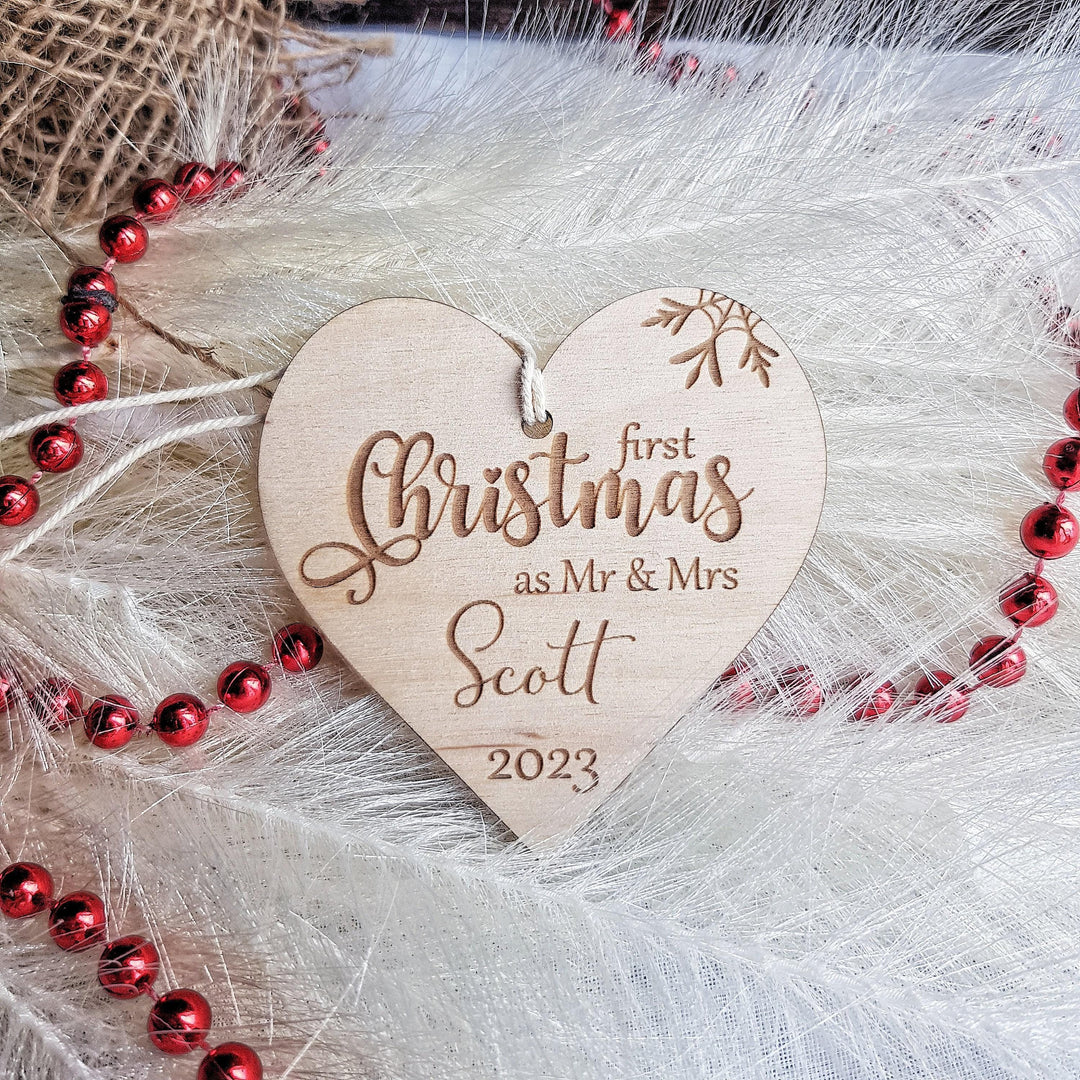 Personalised Mr  Mrs Christmas Bauble - First Xmas Ornament Wooden Keepsake