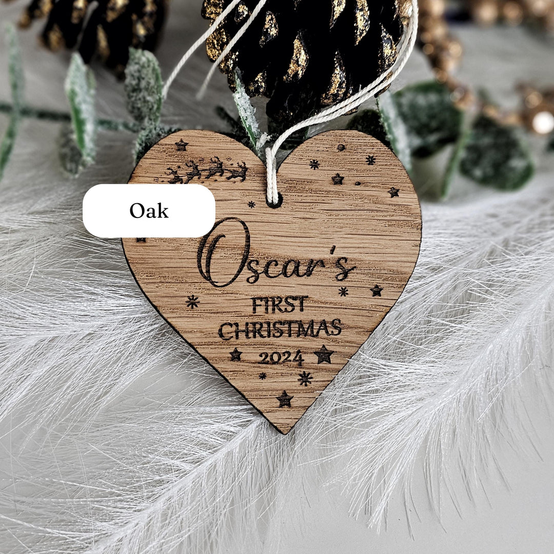 Personalised Baby's First Christmas Tree Bauble - Wooden Keepsake with Santa Sleigh - Custom Name Ornament - Heart Ornament