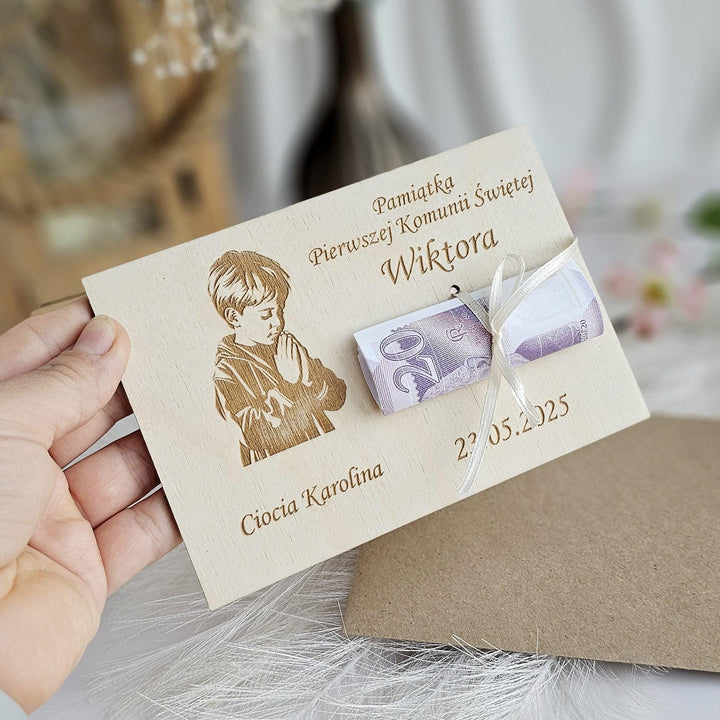 Personalised First Holy Communion Wooden Money Card - Praying Boy