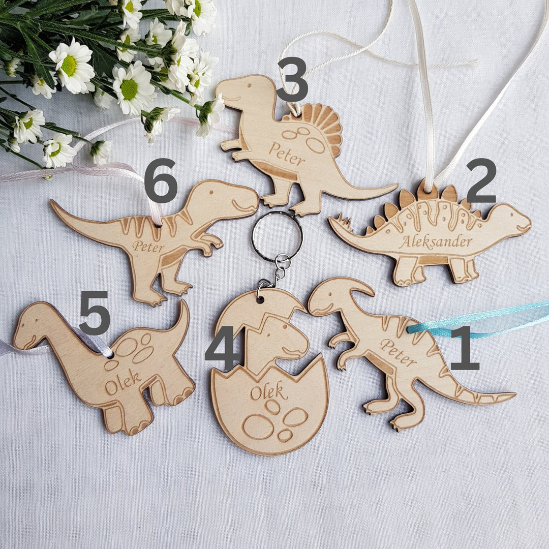 Personalised Dinosaur Wooden Keyring - Engraved Backpack Charm  Christmas Decoration