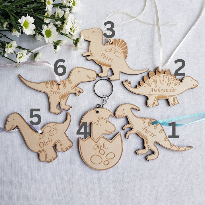 Personalised Dinosaur Wooden Keyring - Engraved Backpack Charm  Christmas Decoration