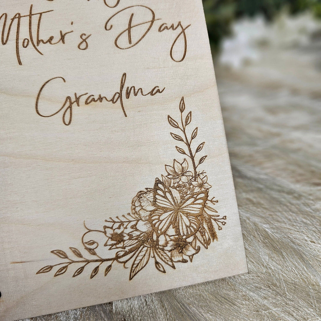 Personalised Wooden Card Happy Mother's Day Boho Flowers, Eco Friendly Birthday Gift, Mum, Mom, Grandmother, Nan, Nanny, Granny