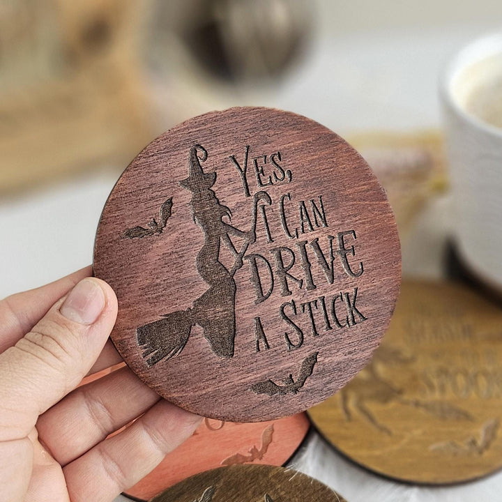 Witchy Halloween Coasters - Wooden Spooky Table Decor - Handmade Housewarming Gift Idea - Yes I can drive a stick