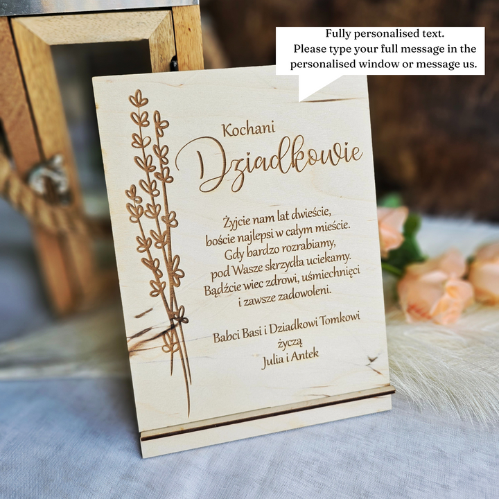 Rustic Wooden Polish Dzien Babci i Dziadka Sign Gift Keepsake with Personalised Wishes and Lavender Touch