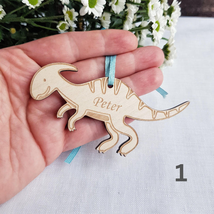 Personalised Dinosaur Wooden Keyring - Engraved Backpack Charm  Christmas Decoration