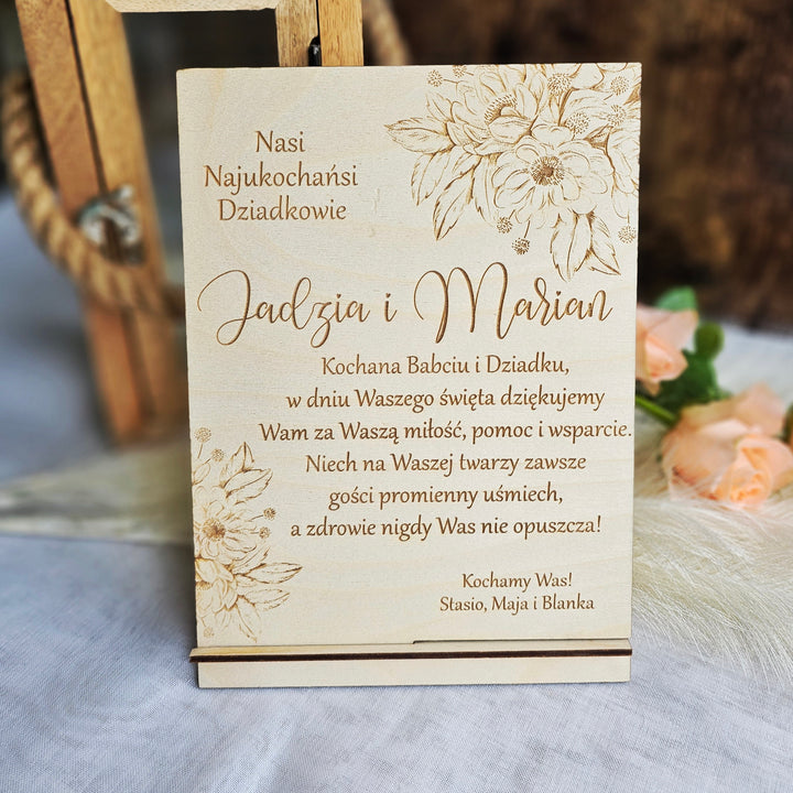 Rustic Wooden Polish Dzien Babci i Dziadka Sign Gift Keepsake with Personalised Wishes and Beautiful Flower Touch