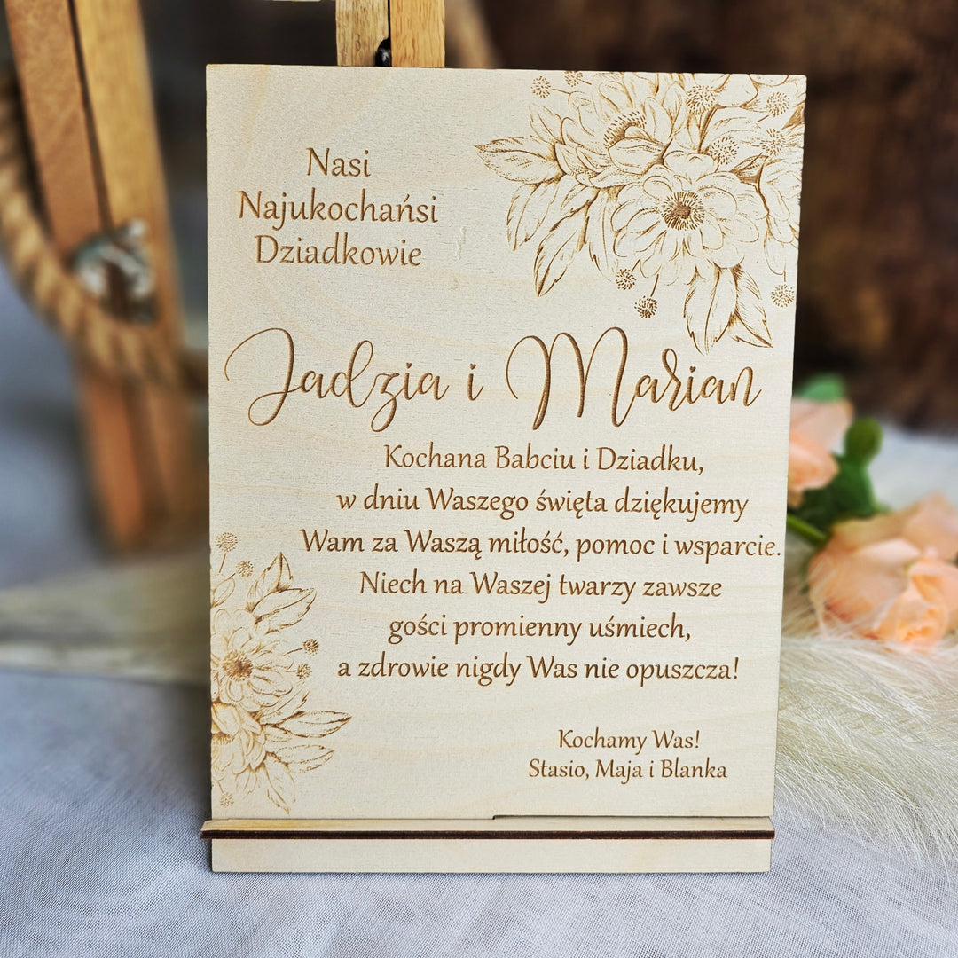 Rustic Wooden Polish Dzien Babci i Dziadka Sign Gift Keepsake with Personalised Wishes and Beautiful Flower Touch