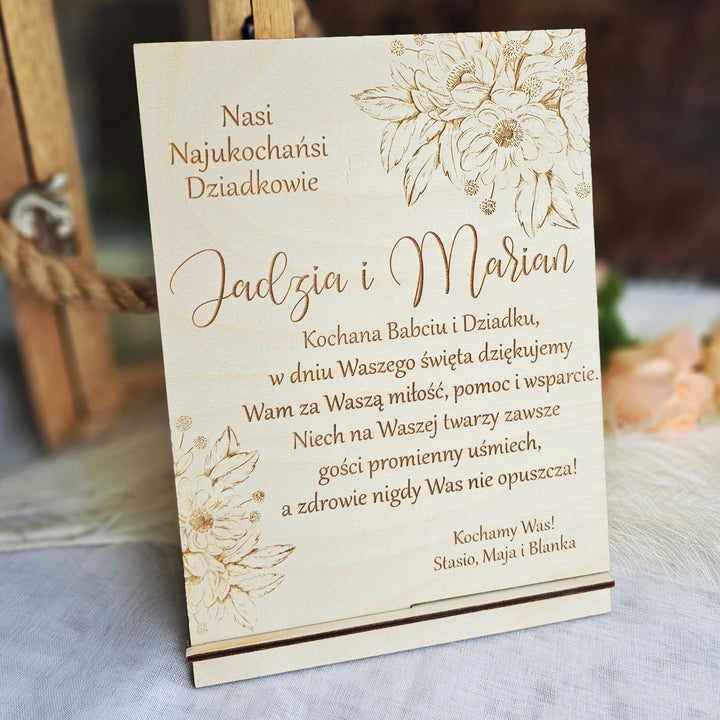 Rustic Wooden Polish Dzien Babci i Dziadka Sign Gift Keepsake with Personalised Wishes and Beautiful Flower Touch