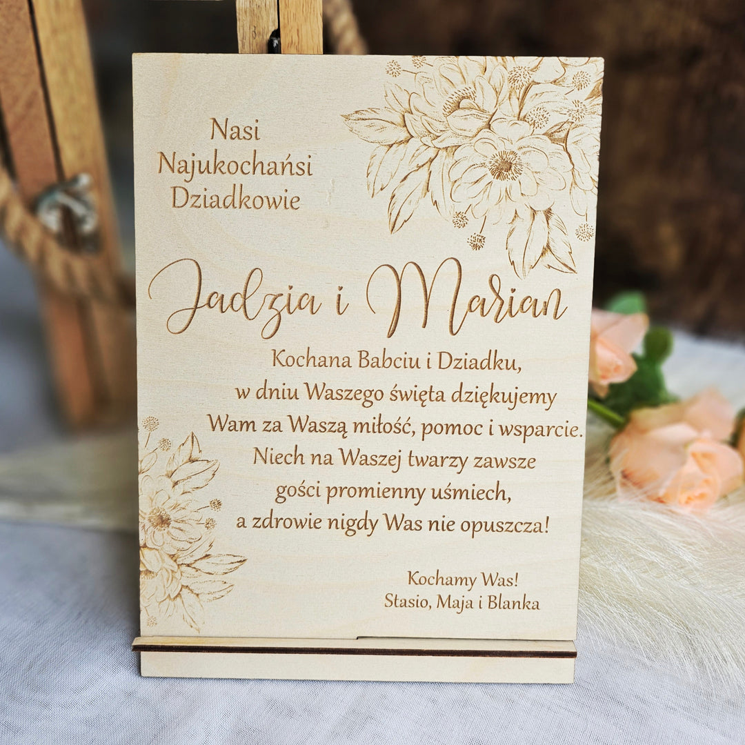 Rustic Wooden Polish Dzien Babci i Dziadka Sign Gift Keepsake with Personalised Wishes and Beautiful Flower Touch