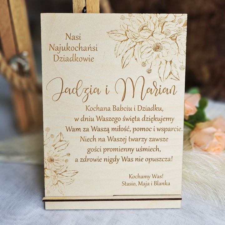 Rustic Wooden Polish Dzien Babci i Dziadka Sign Gift Keepsake with Personalised Wishes and Beautiful Flower Touch