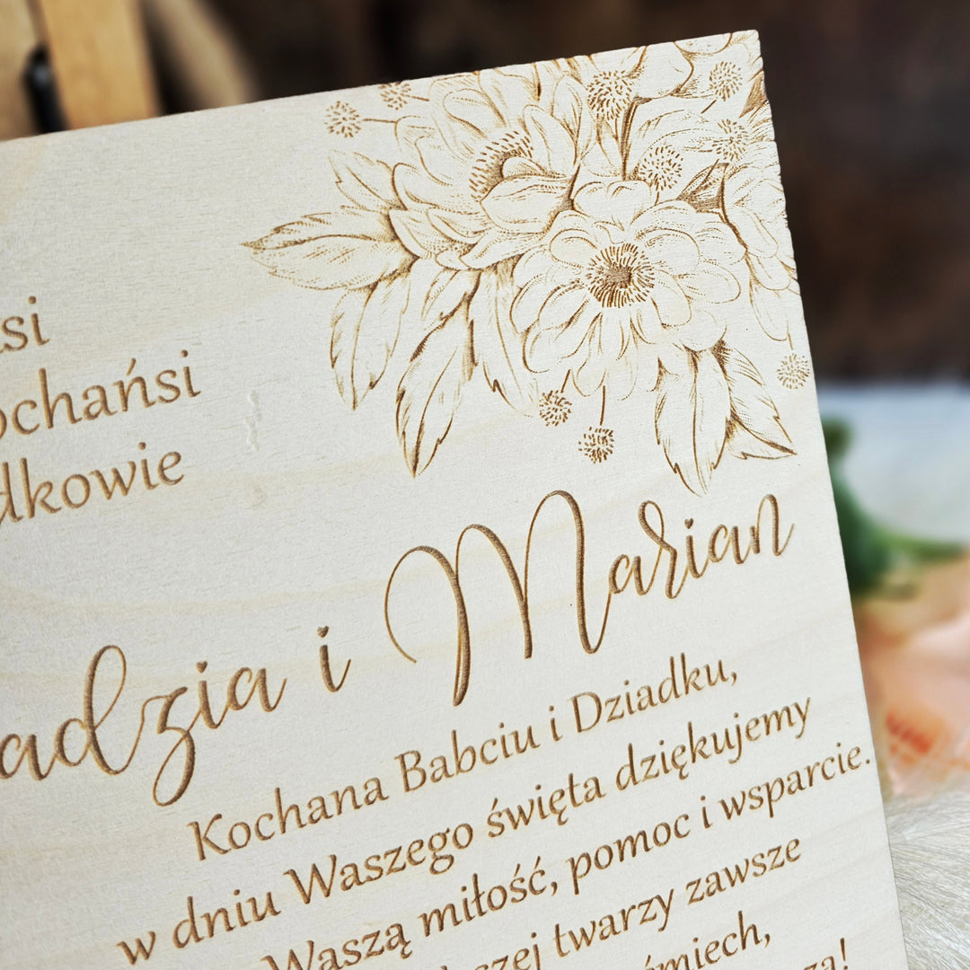 Rustic Wooden Polish Dzien Babci i Dziadka Sign Gift Keepsake with Personalised Wishes and Beautiful Flower Touch