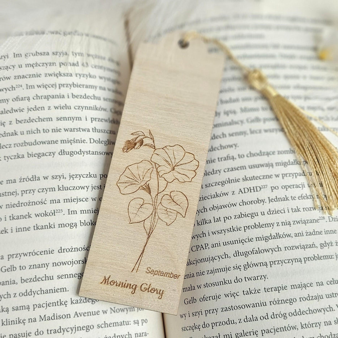 Birth Flower Bookmark September Morning Glory - Personalised Wooden Gift for Book Lovers