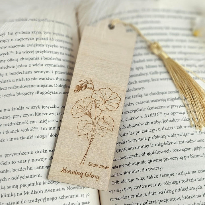 Birth Flower Bookmark September Morning Glory - Personalised Wooden Gift for Book Lovers
