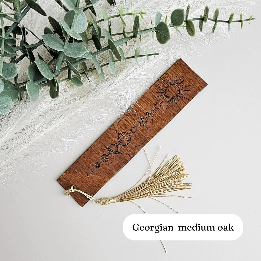 Wooden Solar System Bookmark - Moon  Planets with Mystical Line Art and Customizable Back Message