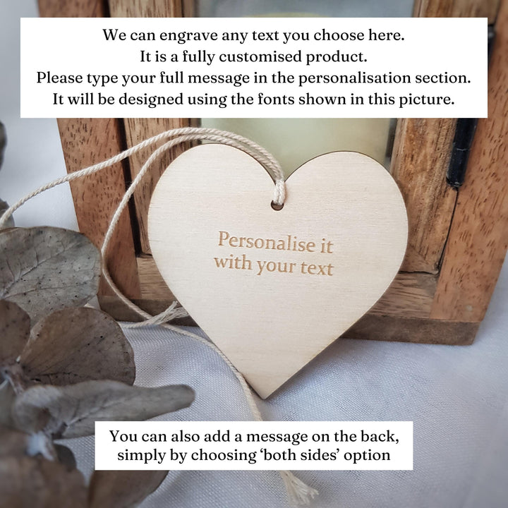 Personalised wooden heart gift tag, Rustic Keepsake, Thank You Birthday Wedding Anniversary Congratulations Present