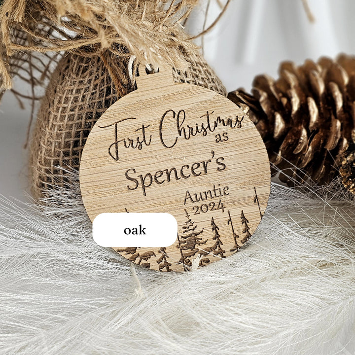 Personalised Eco-Friendly Wooden Christmas Bauble - First Christmas as AuntieUncle Ornament