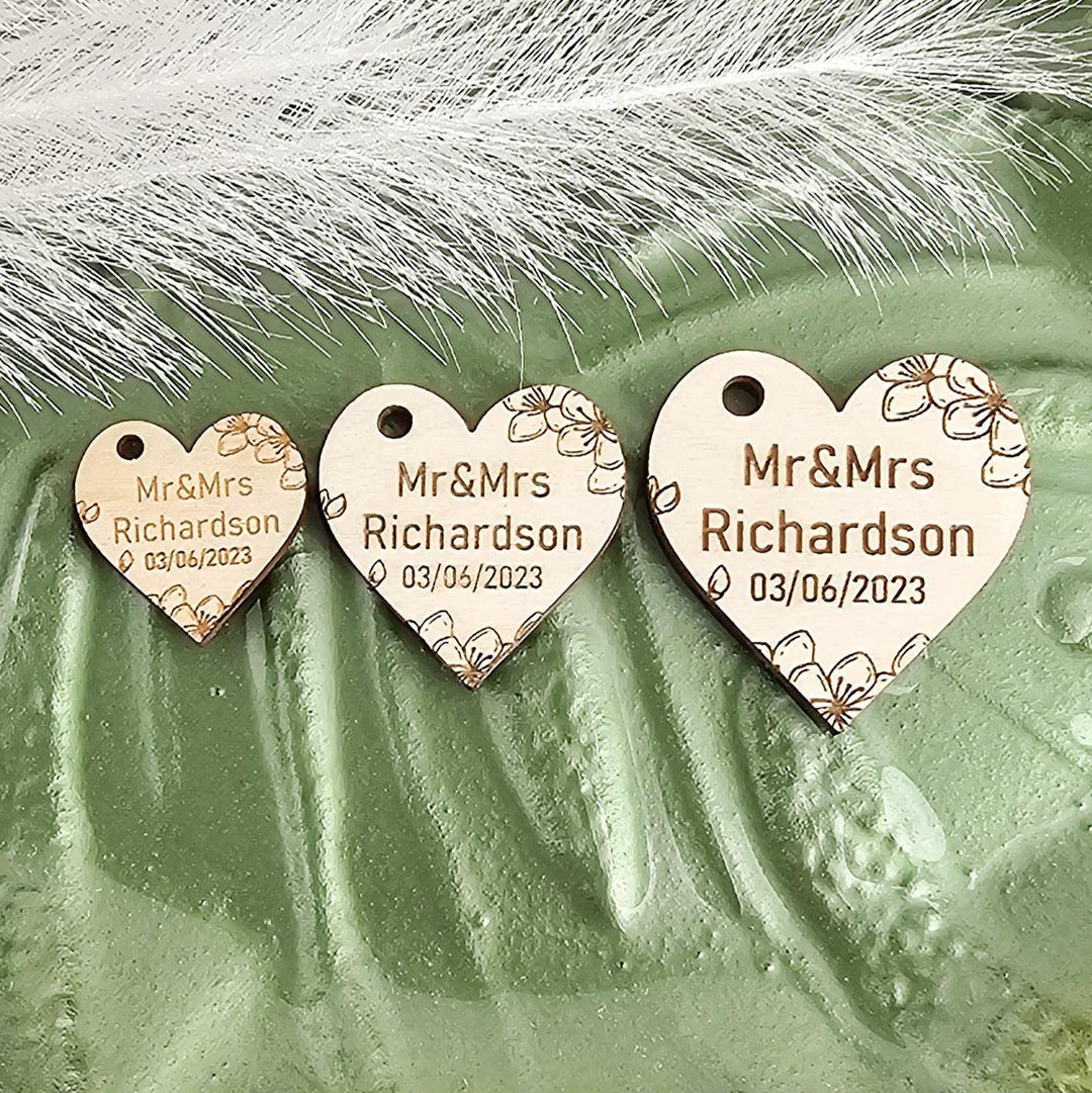 Wedding Heart Favours - Personalised Wooden Thank You Tokens,  Custom Engraved Rustic Gift Tags